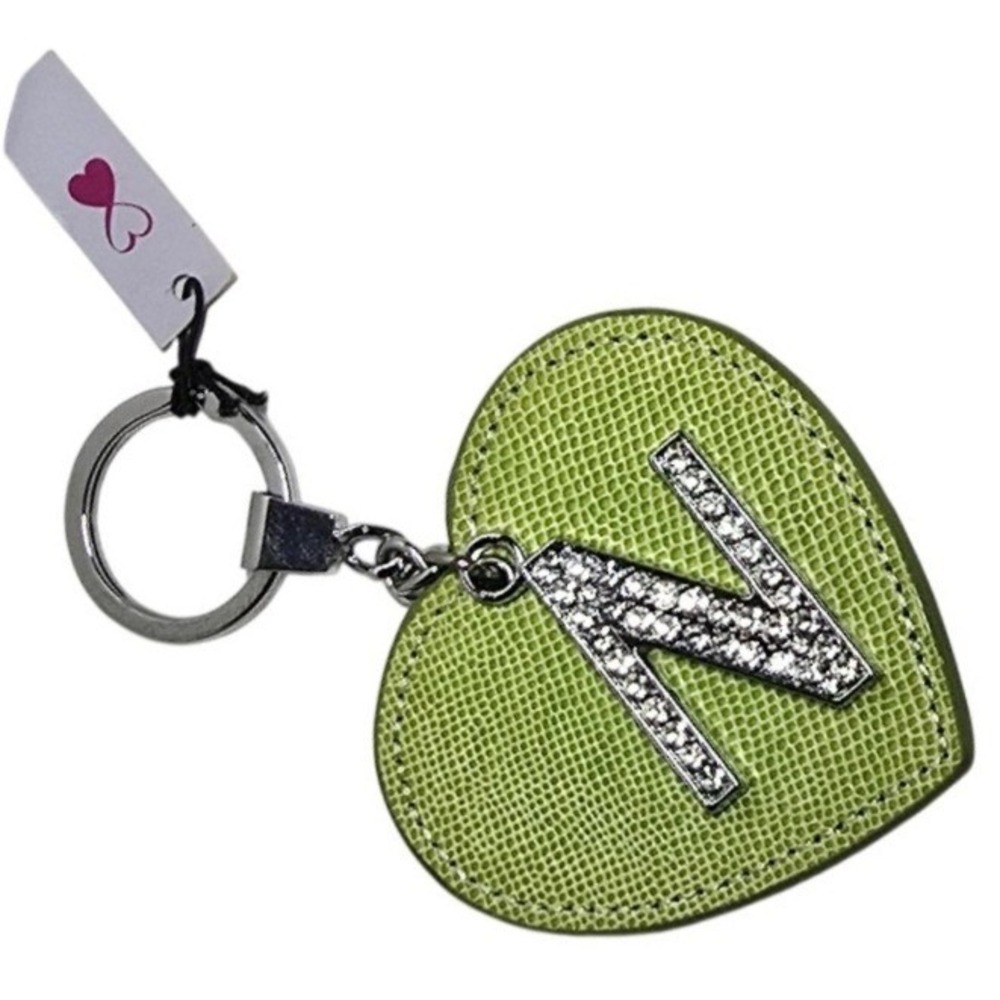 Initial Heart Keychains N Lime Green silver gem faux‎ leather monogram keychain